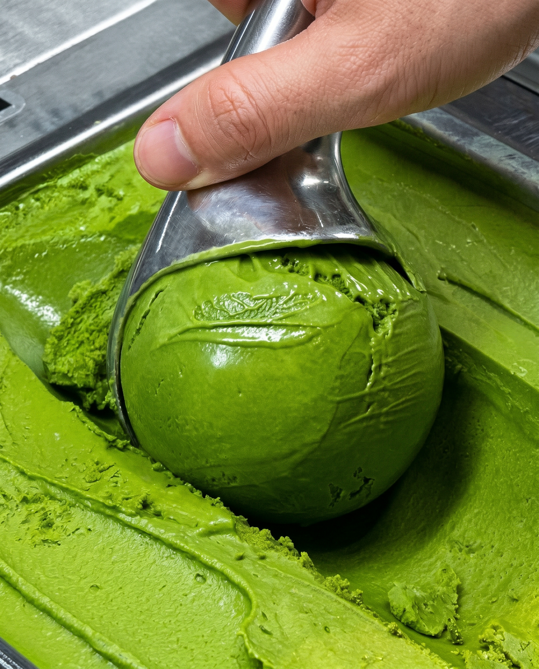 A close-up of a hand using a metal ice cream scoop to lift a ball of bright green matcha ice cream from a metal container.